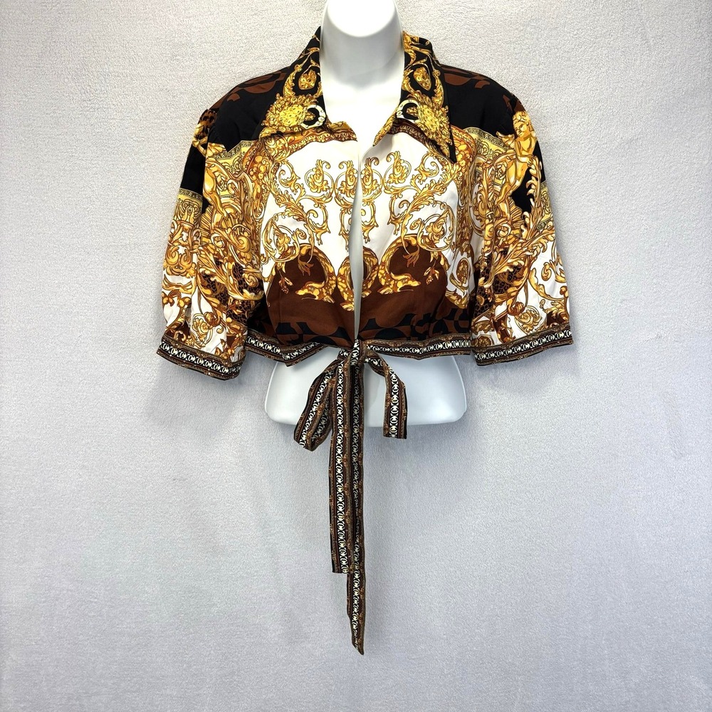 Camilla Leopard Tie Front Cropped Blouse Top Womens M Embellished Luxury Baroque